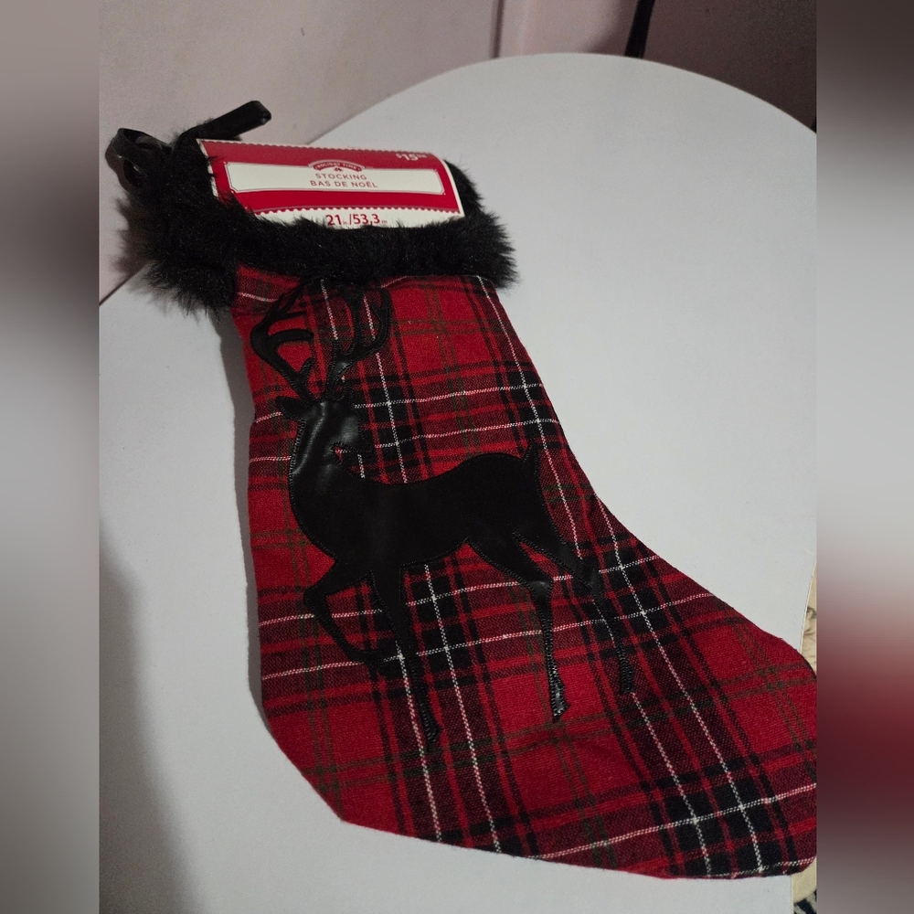 Red Plaid Christmas Stocking with Deer, Brand New